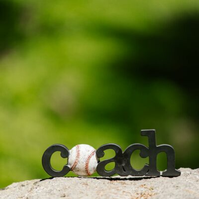 Close-up of a baseball and coach sign on a rock with green background.